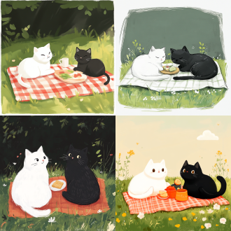 白猫黑猫野餐，草地野餐垫，手绘插画，yeoniu choi风格，简笔画卡通，鲜艳色，轻松笔触，可爱温馨治愈，简洁干净。