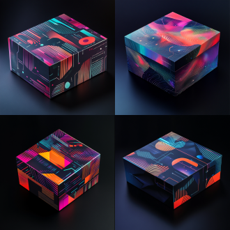 线条科技感纹样，绚丽色彩，科技元素，简洁大方，方形礼盒，380x305x142尺寸，包装设计，丰富层次感，视觉冲击力，抽象表现，高对比度，冷色调，广角镜头，正面光，细节清晰，现代感，创新设计。