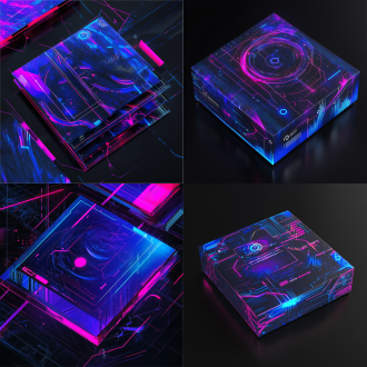 蓝色线条科技感纹样，蓝色有科技元素，简洁大方，方形礼盒，380x305x142尺寸，包装设计，丰富层次感，视觉冲击力，抽象表现