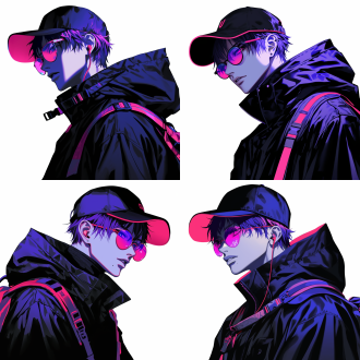 男生男性男性，衣帽和黑色墨镜，黑色冲锋衣，四分之三侧面，微笑的插画肖像，对称构图，柔和色调，水彩笔触，酷酷表情，帅气，坏坏的，邪魅微笑，病娇，高光，细腻，冷酷，梦幻，4k