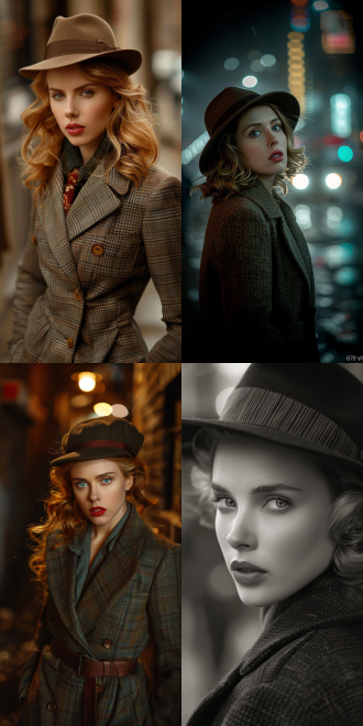 scarlett johansson，30年代服饰，侦探，30年代美国街道，6k 虚化