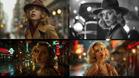 scarlett johansson，30年代服饰，侦探，30年代美国街道，6k 虚化 七分身 远景透视