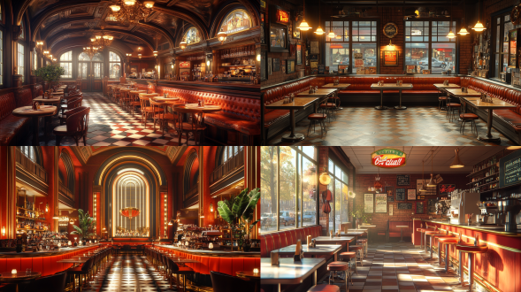 30年代美国咖啡馆，6k 汇聚线构图 正视 音乐会照明