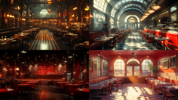 30年代美国咖啡馆，6k 汇聚线构图 正视 音乐会照明