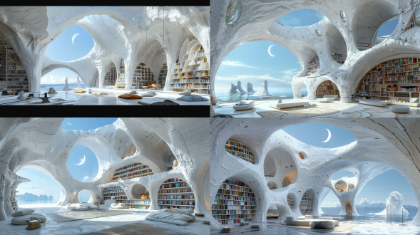 白色的石质建筑内放满书籍的高大的书架，建筑是白色的云海，有零星尖锐的山峰露出，蓝色的天空上悬挂着银白色的巨大月牙，6k