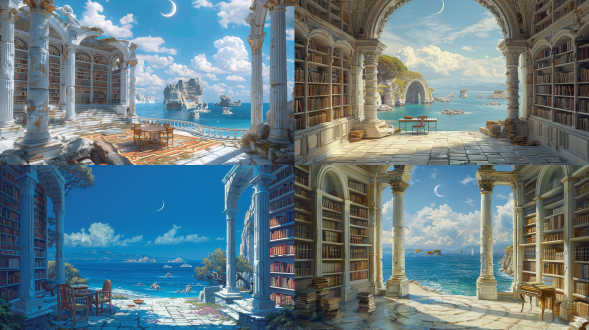白色的石质罗马建筑内放满书籍的高大的书架，书架中央放着桌椅，从室内向外看是蓝色的海洋，有零星的小岛，蓝色的天空上悬挂着银白色的巨大月牙，6k