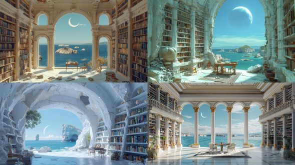 白色的石质罗马建筑内放满书籍的高大的书架，书架中央放着桌椅，从室内向外看是蓝色的海洋，有零星的小岛，蓝色的天空上悬挂着银白色的巨大月牙，6k