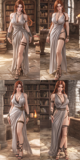 橘红色头发的美女，完美的身材，全身，奇幻风格，白色纱裙，项链，宝石耳坠，高跟凉鞋，白色石质建筑内放满书架，6k 三维 虚幻引擎 oc渲染器