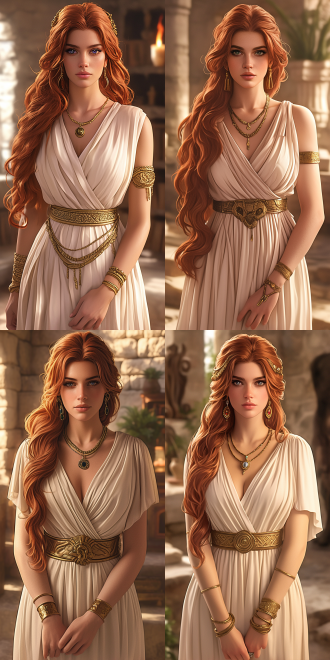 橘红色头发的美女，完美的身材，全身，奇幻风格，白色纱裙，项链，宝石耳坠，高跟凉鞋，白色石质建筑内放满书架，6k 三维 虚幻引擎 oc渲染器