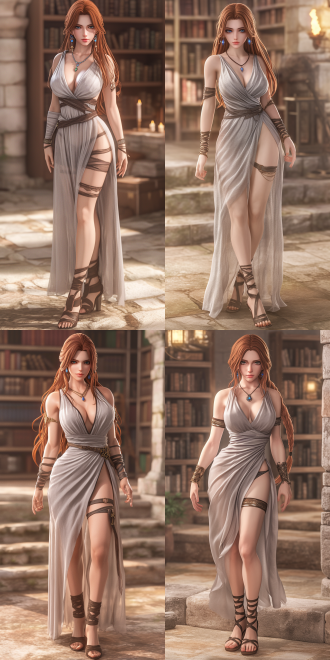 橘红色头发的美女，完美的身材，全身，奇幻风格，白色纱裙，项链，宝石耳坠，高跟凉鞋，白色石质建筑内放满书架，6k 三维 虚幻引擎 oc渲染器