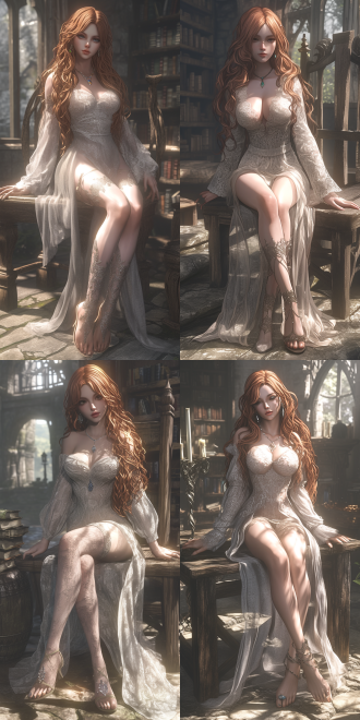 美女，橘红色大波浪长发，完美的身材，全身，奇幻风格，白色纱裙，项链，宝石耳坠，高跟凉鞋，白色石质建筑内放满书架，6k 三维 虚幻引擎 oc渲染器