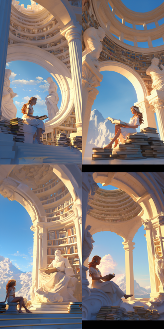 美女，橘红色大波浪长发，完美的身材，全身，奇幻风格，罗马风格的白色裙子，项链，宝石耳坠，高跟凉鞋，白色石质建筑内放满书架，6k 三维 虚幻引擎 oc渲染器