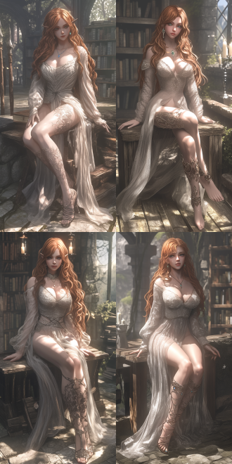 美女，橘红色大波浪长发，完美的身材，全身，奇幻风格，白色纱裙，项链，宝石耳坠，高跟凉鞋，白色石质建筑内放满书架，6k 三维 虚幻引擎 oc渲染器