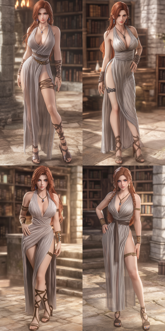 橘红色头发的美女，完美的身材，全身，奇幻风格，白色纱裙，项链，宝石耳坠，高跟凉鞋，白色石质建筑内放满书架，6k 三维 虚幻引擎 oc渲染器