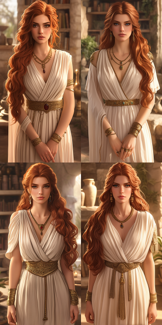 橘红色头发的美女，完美的身材，全身，奇幻风格，白色纱裙，项链，宝石耳坠，高跟凉鞋，白色石质建筑内放满书架，6k 三维 虚幻引擎 oc渲染器