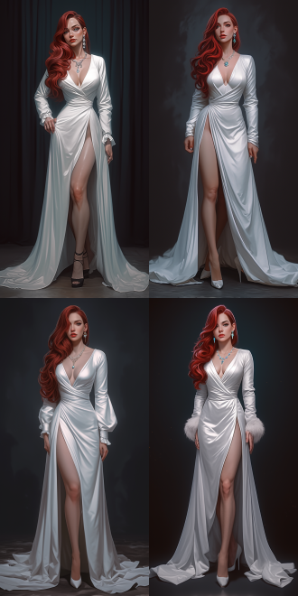 美女，粉色长发，完美的身材，全身，奇幻风格，白色晚礼服，项链，宝石耳坠，高防水台高跟鞋，白色现代主义建筑内 虚幻引擎 三维 oc渲染器