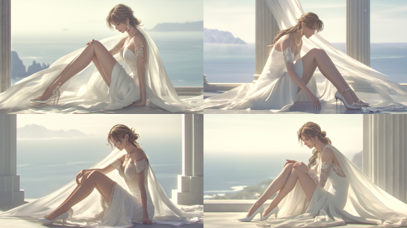 美女，橘红色长发，完美的身材，白色晚礼服，项链，宝石耳坠，高跟鞋，现代风格内饰，窗外是大海和岛屿 虚幻引擎 三维 oc渲染器 三分法构图 虚化 6k