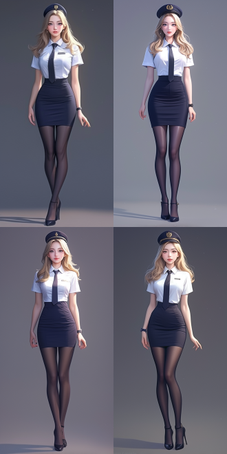 女性，长发，完美身材，全身，立姿，captain hat，白色衬衫，黑色领带，黑色筒裙，黑色丝袜，高跟鞋，灰色背景 虚幻引擎 三维 oc渲染器