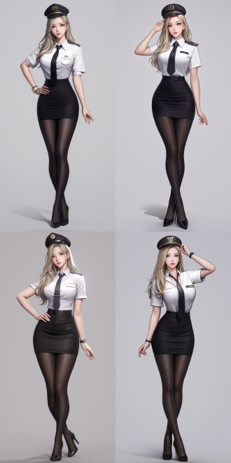 女性，长发，完美身材，全身，立姿，captain hat，白色衬衫，黑色领带，黑色筒裙，黑色丝袜，高跟鞋，灰色背景 虚幻引擎 三维 oc渲染器