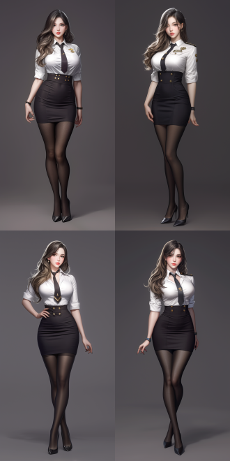 女性，长发，完美身材，全身，立姿，captain hat，白色衬衫，黑色领带，黑色筒裙，黑色丝袜，高跟鞋，灰色背景 虚幻引擎 三维 oc渲染器