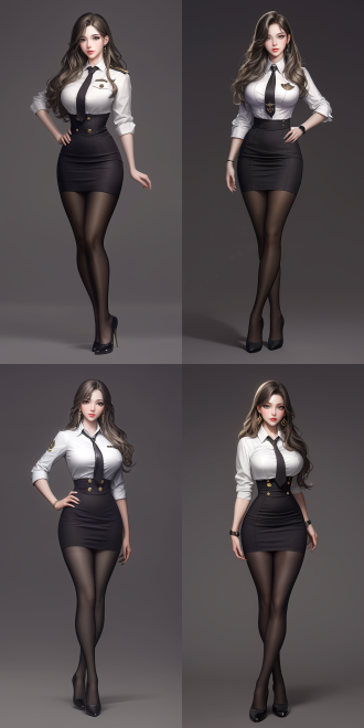 女性，长发，完美身材，全身，立姿，captain hat，白色衬衫，黑色领带，黑色筒裙，黑色丝袜，高跟鞋，灰色背景 虚幻引擎 三维 oc渲染器