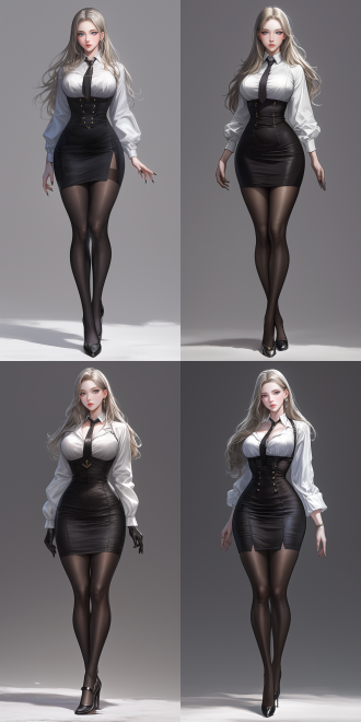 女性，长发，完美身材，全身，立姿，captain hat，白色衬衫，黑色领带，黑色筒裙，黑色丝袜，高跟鞋，灰色背景 虚幻引擎 三维 oc渲染器