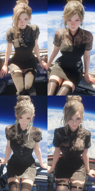 女性，完美身材，灰色发髻，绿色宝石耳坠， shirt dress，黑色长筒袜，高跟鞋，坐姿，背景是太空船内部 虚幻引擎 三维 oc渲染器