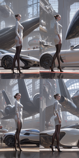 女性，完美身材，灰色发髻，宝石耳坠， white shirt dress，黑色长筒袜，高跟鞋，写实画风，科幻的，背景是太空船内部 数码绘画
