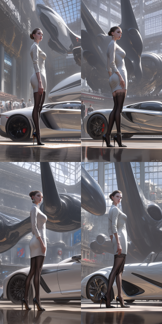 女性，完美身材，灰色发髻，宝石耳坠， white shirt dress，黑色长筒袜，高跟鞋，写实画风，科幻的，背景是太空船内部 数码绘画