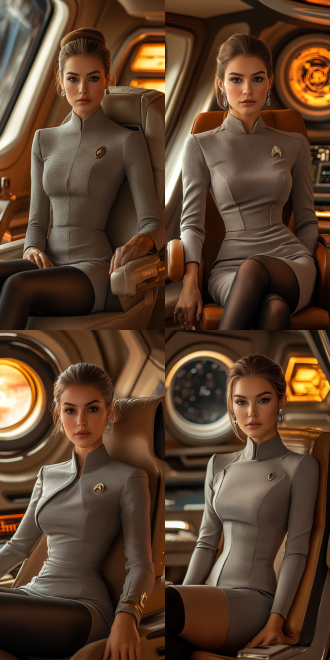 marina aleksandrova，棕色发髻，宝石耳坠，灰色连衫裙制服，黑色丝袜，高跟鞋，科幻的，太空飞船内部 8k 星际迷航