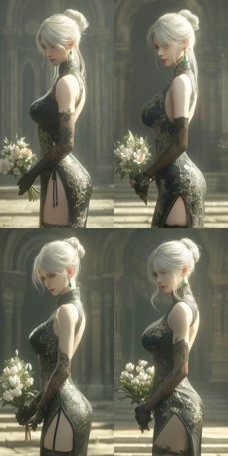 立姿，全身， women，优雅的气质，金发 发髻，绿宝石耳坠，蓝色旗袍，黑色手套，黑色丝袜，黑色高跟鞋 脚踝一字带；背景：客厅 明亮的光线； 2k画质 三维 虚幻引擎 oc渲染器