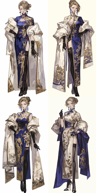 立姿，全身， women，优雅的气质，修长的身材，金色头发 发髻，绿宝石耳坠，藏蓝色旗袍，黑色短手套，黑色丝袜，黑色高跟鞋； 明亮的光线，2k画质 数码绘画 全身角色