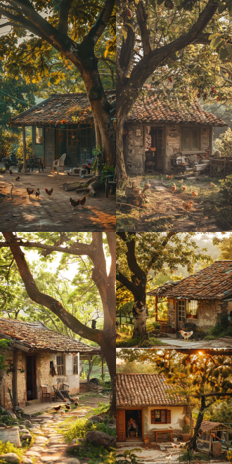 80年代农村瓦房，门口大树，鸡圈茅屋，茂盛杏树，晨光照射，椅子，老爷爷打盹，小鸡狗，自然光，温暖色调，广角镜头，宁静氛围，怀旧风格，细节丰富，柔和光线，生活气息。