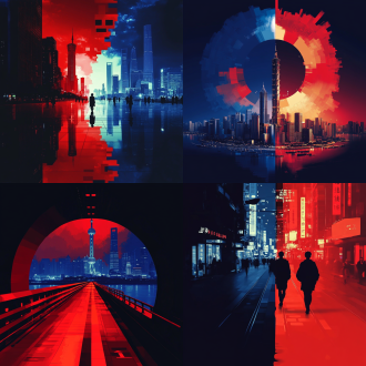 展望2025回归2024个性封面，对称构图，城市景，冷色调，长焦镜头，逆光，动态模糊，光影拖尾，带时间痕迹，光速效果，憧憬。 黄金比例构图 黄金 彩虹色 冰 电磁音波 詹姆斯琼 时尚情绪版 瓷器