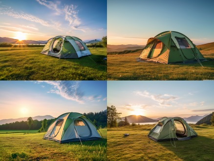 精致家庭露营帐篷，野外草地，清晨，柔和光线，广角镜头，全景，自然环境，清新空气，帐篷细节，家庭氛围，温馨，宁静。