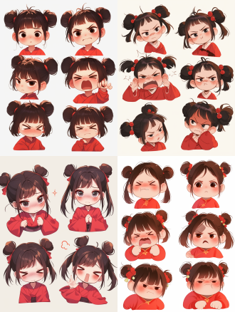 一个可爱的小女孩 穿着红色汉服 国风 扎着双丸子头 做着各种表情 开心的 伤心的 生气的 难过的 夸张表情 白色背景 插画 可爱风格 国风 贴纸艺术设计 精细设计 超高清 8k q版 迪士尼风格 9宫格排列