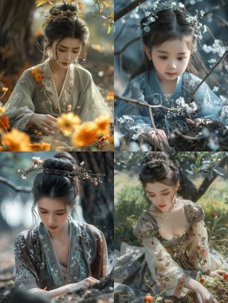 古风少女挖土埋花，汉服华丽，发饰精致，表情楚楚可怜，树下场景，柔和光线，长焦镜头，细腻质感，冷暖色调交织，忧伤情绪。