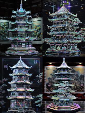 螺钿工艺宝塔，精细雕刻，贝壳材质，五彩斑斓，对称构图，室内展示，柔光照明，微距镜头，细节丰富，宁静氛围。