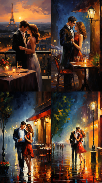 三维古风，leonid afremov风格，颗粒油画质感，浪漫氛围，法国巴黎小酒馆，年轻情侣，葡萄酒，超细节，4k高清，暖色调，柔光，亲密，幸福，油画笔触，细节丰富，色彩饱满，情感深沉。