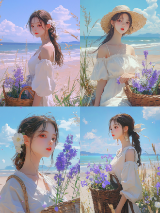 亚洲女孩海滩鲜花，动画gif风格，柔和粉彩色天空，joong keun lee，深棕色蔚蓝，背光，卡通场景，逼真，海滩，篮子，鲜花，柔和，粉彩，天空，背光，卡通，场景，逼真，亚洲女孩，夏日，海滩，鲜花，动画，gif，柔和，粉彩，天空，背光，卡通，场景，逼真。