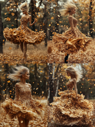 空灵超现实女人着落叶衣，树叶浮空，窄景深动态姿势于秋林，辛烷值渲染散景运动模糊，侧光，冷色调，神秘。