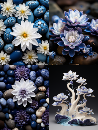 青花瓷蓝白相间背景彩色，中间有白莲和绘石，紫莲大小各异，绘石有图案，晶莹剔透，俯瞰，8k高清超清晰，超广视角。