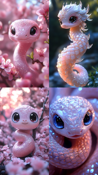 a cute, smiling starlight crystal snake with big kawaii eyes. it has traditional china elements such as exquisite and gorgeous scales, elegant body and subtle ancient china patterns. the snake's posture is very playful, and the surroundings are filled with a soft dreamy atmosphere, soft colors and soft lights, emphasizing the whimsical and tranquil mood. close-up.