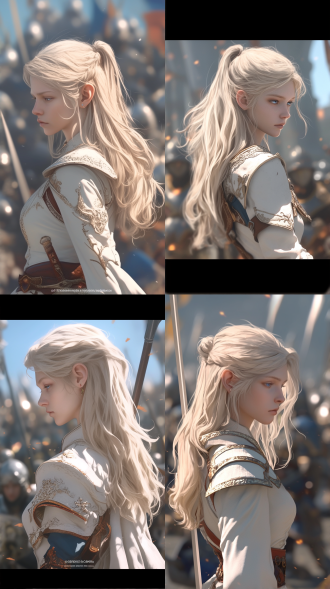 金色长发，女性，柔和光线，自然环境，中焦镜头，浅景深，冷静，自然姿态，温暖色调，优雅。world of warcraft splash art，blue eyes highly detailed face background detail,动作姿势，戏剧性，极端构图，现实，复杂的细节，电影拍摄，照明，摄影照明，lightroom画廊，behance摄影，专业照片，少女感,3d，vfx，cgi，rtx，辛烷值渲染，虚幻引擎，骑士，人类女性，soldiers in background，movie poste，doing a prayer，贵族