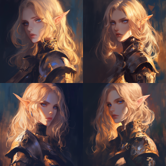 高等精灵女性头像，1:1，轻型护甲，金色头发蓝眼，眼神坚毅，黑暗艺术风，细腻，特写，冷光，神秘，暗黑色调。