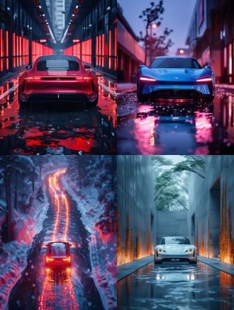 小米su7汽车宣传海报，简约科技背景，居中布局，冷色调，平光，高分辨率，广角镜头，高级感，视觉冲击。