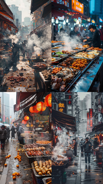 街道两边的小吃摊位一个挨着一个，有卖臭豆腐的、烤羊肉串的、章鱼小丸子的等等。每个摊位前都冒着热气和油烟，摊主们忙碌地烹饪着美食，顾客们或驻足等待，或边走边吃。地上是杂乱的脚印和偶尔飘落的树叶。远处许多摩天大楼，视角是站在道路中间，两边都是各种铺位，低角度水平线对称构图，整体色调是偏红色的暖色调
