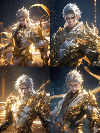 构图霸气，帅气男子，白色头发，金色衣服，神态霸气，仙侠风，清晰的结构，高清头部细节，完善细节，背景月光，3d游戏渲染，3d游戏模型，清晰的眼睛，高清晰，16k