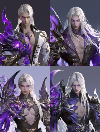 构图霸气，帅气男子，白色头发，紫色衣服，神态霸气，仙侠风，清晰的结构，高清头部细节，完善细节，背景月光，3d游戏渲染，3d游戏模型，清晰的眼睛，高清晰，16k