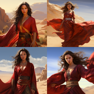 在沙漠，中国有一位西域美女，身着深红色的长袍，金色的腰带，旋转起舞扬起衣摆，犹如在沙漠走动一样，神秘莫测的微笑，丁达尔效应，超清晰，32k，近景